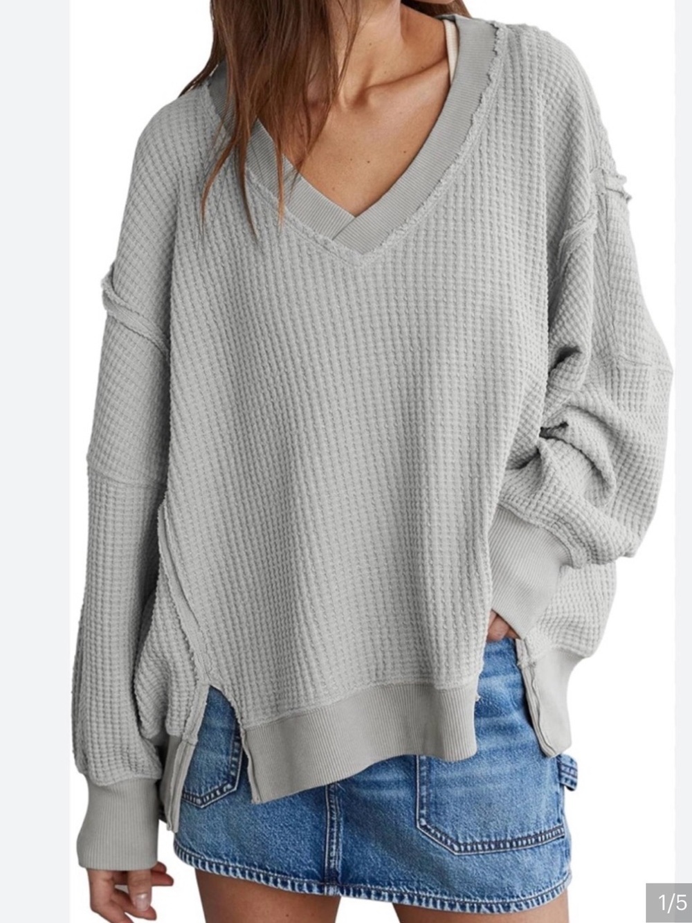 American Eagle V-Neck waffle womens Knit Sweater - Light Gray Sz XS